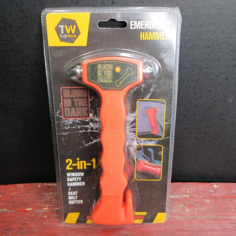 Tuff Work 2-in-1 Emergency Hammer Glows in Dark Window Breaker Seatbelt Cutter